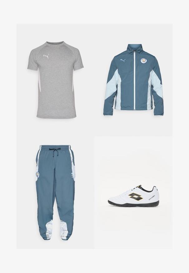 Windbreaker jacket in dark teal and light blue, featuring a zip front, high collar, and Manchester City logo on the chest.; Gray athletic t-shirt with short sleeves, featuring a crew neckline and white side panels. Logo on the upper left chest.; Track pants in blue fabric with elastic waistband and drawstring. Side accents feature a white pattern. Includes a brand logo patch.; White sports shoes with black and yellow accents, featuring a textured upper, round toe, and a black rubber sole. The design includes a logo detail on the side.