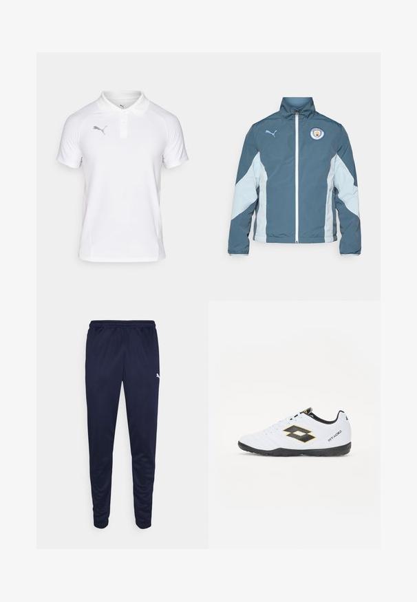 Windbreaker jacket in dark teal and light blue, featuring a zip front, high collar, and Manchester City logo on the chest.; White polo shirt made of lightweight fabric with a classic collar and short sleeves. Features a grey Puma logo on the left chest.; Navy athletic pants made from lightweight material, featuring an elastic waistband and tapered legs. Small white logo detail on the side.; White sports shoes with black and yellow accents, featuring a textured upper, round toe, and a black rubber sole. The design includes a logo detail on the side.