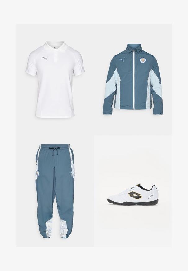 Kurtka typu windbreaker w ciemnym odcieniu teal i jasnym niebieskim, posiadająca zamek z przodu, wysoki kołnierz oraz logo Manchester City na piersi.; Biała koszulka polo wykonana z lekkiego materiału, z klasycznym kołnierzykiem i krótkimi rękawami. Na lewej piersi znajduje się szare logo Pumy.; Spodnie dresowe z niebieskiego materiału z elastycznym paskiem w talii i sznurkiem do regulacji. Po bokach znajdują się akcenty w białym wzorze. Zawierają naszywkę z logo marki.; Białe buty sportowe z czarnymi i żółtymi akcentami, z teksturowaną cholewką, okrągłym czubkiem i czarną gumową podeszwą. Projekt zawiera szczegół z logo po bokach.