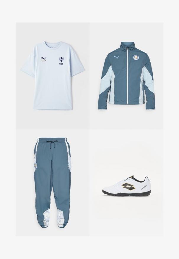 Windbreaker-Jacke in Dunkelblau und Hellblau, mit durchgehendem Reißverschluss, hohem Kragen und dem Manchester City-Logo auf der Brust.; Helles blaues T-Shirt mit kurzen Ärmeln aus weichem Material, mit einem dunkelblauen Logo auf der Brust und gestickten Details.; Hosen aus blauem Stoff mit elastischem Bund und Kordelzug. Seitliche Akzente zeigen ein weißes Muster. Enthält ein Markenlogo-Patch.; Weiße Sportschuhe mit schwarzen und gelben Akzenten, ausgestattet mit einem strukturierten Obermaterial, runder Schuhspitze und einer schwarzen Gummisohle. Das Design beinhaltet ein Logodetail an der Seite.