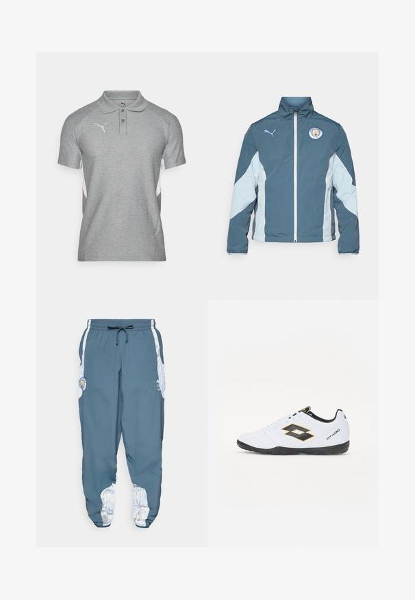 Casaco corta-vento em verde-escuro e azul-claro, com fecho éclair na frente, gola alta e logotipo do Manchester City no peito.; Polo cinza com acabamento texturizado, apresentando um colarinho, dois botões e detalhes brancos nas laterais. Logótipo no peito.; Calças de treino em tecido azul com cintura elástica e cordão. Os detalhes laterais apresentam um padrão branco. Inclui um patch com o logótipo da marca.; Sapatilhas brancas com detalhes em preto e amarelo, apresentando um cabedal texturizado, biqueira redonda e sola em borracha preta. O design inclui um detalhe de logótipo de lado.