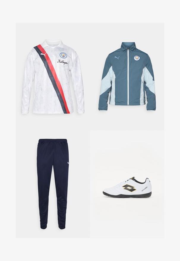 Tamsiai mėlynas ir šviesiai mėlynas vėjavėju, turintis užtrauktuką priekyje, aukštą apykaklę ir Mančesterio miesto logotipą ant krūtinės.; Baltas ilgomis rankovėmis futbolo marškinėliai su apykakle, su įstrižine raudona ir juoda juostele, Puma logotipu ir Mančesterio miesto emblema.; Jūriniai sportiniai šortai, pagaminti iš lengvos medžiagos, su elastinga juosmens juosta ir siaurėjantiomis kojomis. Šone yra mažas baltas logotipo elementas.; Baltos sportinės bateliai su juodais ir geltonais akcentais, turintys tekstūruotą viršutinę dalį, apvalią nosį ir juodą guminius padus. Dizainas apima logotipo detalę šone.