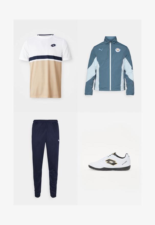 Vetrovka v temno teal in svetlo modri barvi, z zadrgo spredaj, visokim ovratnikom in logotipom Manchester City na prsih.; Majica za šport z kratkimi rokavi, ki ima bel zgornji del, mornarsko modre in bele vodoravne črte ter bež spodnji del z teksturiranim finišem.; Mornarske športne hlače iz lahkega materiala, z elastičnim pasom in ožjimi nogami. Majhen bel logotip na strani.; Bele športne čevlje z črnimi in rumenimi detajli, z teksturiranim zgornjim delom, okroglo konico in črnim gumijastim podplatom. Oblikovanje vključuje logotip na strani.