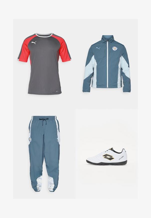 Chaqueta cortavientos en azul oscuro y azul claro, con cierre de cremallera en la parte delantera, cuello alto y el logo del Manchester City en el pecho.; Camiseta deportiva gris con mangas de malla roja, cuello redondo y logo blanco de Puma en el pecho, fabricada con tejido que absorbe la humedad.; Pantalones deportivos de tela azul con cintura elástica y cordón. Los laterales presentan un patrón blanco. Incluye un parche con el logo de la marca.; Zapatillas deportivas blancas con acentos en negro y amarillo, que cuentan con un upper texturizado, punta redonda y suela de goma negra. El diseño incluye un detalle de logo en el lateral.