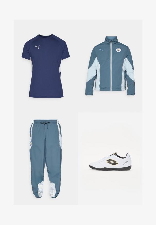 Vindjakke i mørk teal og lys blå, med glidelås foran, høy krage og Manchester City-logo på brystet.; Mørkeblå sports T-skjorte med korte ermer. Har hvite sidelapper og en sølv Puma-logo på brystet. Laget av et glatt stoff.; Trackbukser i blå stof med elastisk talje og snøre. Sideaccenter har et hvidt mønster. Inkluderer et mærke-logo patch.; Hvite sportsko med svarte og gule detaljer, med en teksturert overflate, rund tå og en svart gummisåle. Designet inkluderer et logodetalj på siden.