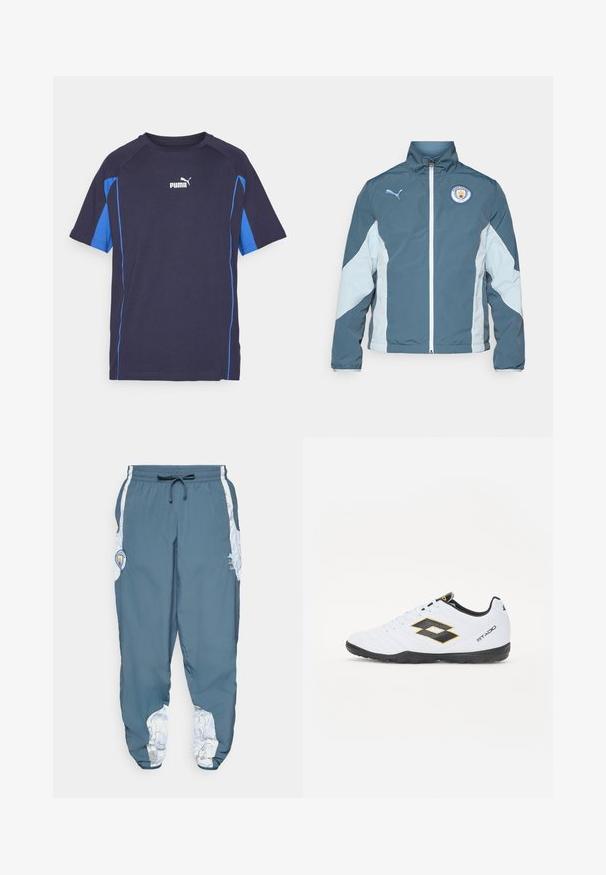 Kurtka typu windbreaker w ciemnym odcieniu teal i jasnym niebieskim, posiadająca zamek z przodu, wysoki kołnierz oraz logo Manchester City na piersi.; T-shirt z krótkim rękawem w granatowym kolorze z niebieskimi akcentami po bokach. Wykonany z miękkiego materiału, ma okrągły dekolt i biały logo Puma na piersi.; Spodnie dresowe z niebieskiego materiału z elastycznym paskiem w talii i sznurkiem do regulacji. Po bokach znajdują się akcenty w białym wzorze. Zawierają naszywkę z logo marki.; Białe buty sportowe z czarnymi i żółtymi akcentami, z teksturowaną cholewką, okrągłym czubkiem i czarną gumową podeszwą. Projekt zawiera szczegół z logo po bokach.
