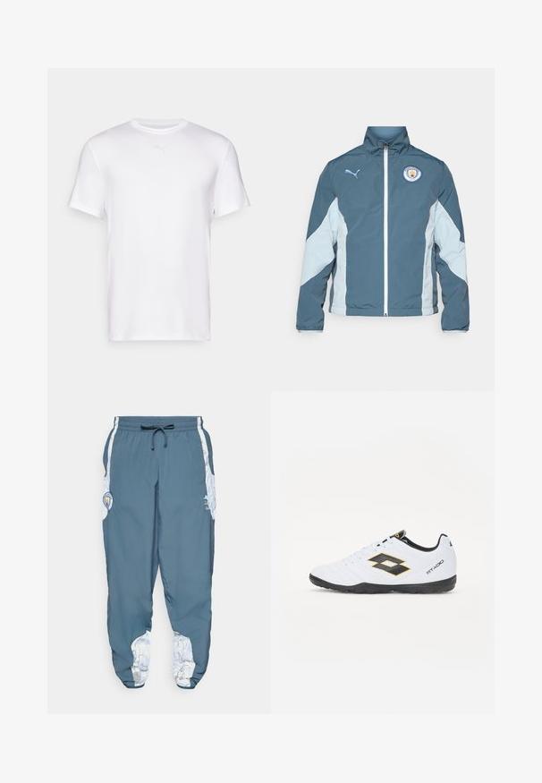 Chaqueta cortavientos en azul oscuro y azul claro, con cierre de cremallera en la parte delantera, cuello alto y el logo del Manchester City en el pecho.; Camiseta blanca de mangas cortas hecha de una tela suave y ligera. Cuenta con un cuello redondo y un logo sutil en el pecho.; Pantalones deportivos de tela azul con cintura elástica y cordón. Los laterales presentan un patrón blanco. Incluye un parche con el logo de la marca.; Zapatillas deportivas blancas con acentos en negro y amarillo, que cuentan con un upper texturizado, punta redonda y suela de goma negra. El diseño incluye un detalle de logo en el lateral.