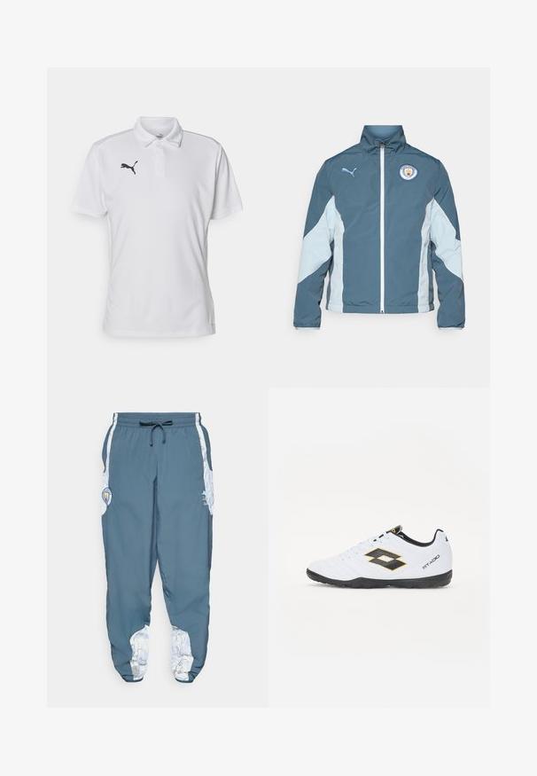 Windbreaker-Jacke in Dunkelblau und Hellblau, mit durchgehendem Reißverschluss, hohem Kragen und dem Manchester City-Logo auf der Brust.; Weißes Polohemd aus atmungsaktivem Material, mit einem schwarzen Puma-Logo auf der linken Brust und einem klassischen Kragen. Mit kurzen Ärmeln.; Hosen aus blauem Stoff mit elastischem Bund und Kordelzug. Seitliche Akzente zeigen ein weißes Muster. Enthält ein Markenlogo-Patch.; Weiße Sportschuhe mit schwarzen und gelben Akzenten, ausgestattet mit einem strukturierten Obermaterial, runder Schuhspitze und einer schwarzen Gummisohle. Das Design beinhaltet ein Logodetail an der Seite.