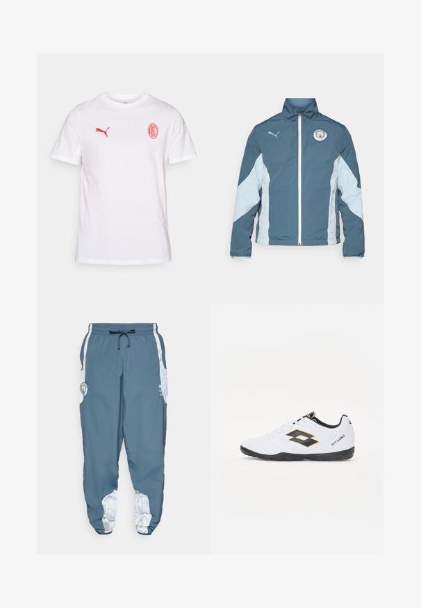 Veste coupe-vent en bleu sarcelle et bleu clair, avec un zip sur le devant, un col haut et le logo de Manchester City sur la poitrine.; T-shirt en coton blanc avec un logo Puma rouge sur la poitrine gauche et un emblème AC Milan rouge, avec des manches courtes et un col rond.; Pantalons de survêtement en tissu bleu avec taille élastique et cordon de serrage. Les accents latéraux présentent un motif blanc. Inclut un patch de logo de marque.; Baskets blanches avec des accents noirs et jaunes, dotées d'un dessus texturé, d'un embout rond et d'une semelle en caoutchouc noire. Le design comprend un détail de logo sur le côté.