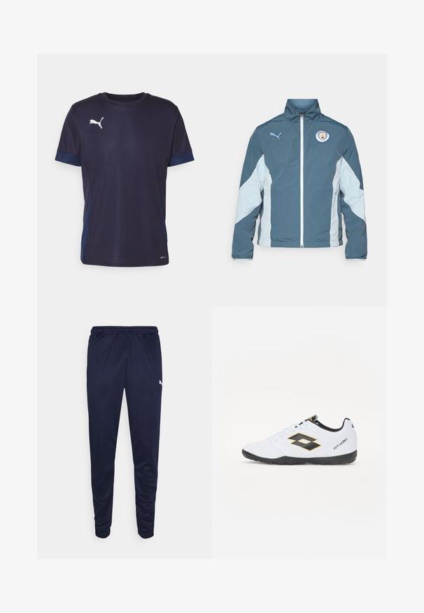 Tume smaragdrohe ja helesinise tuulejope, millel on tõmblukk, kõrge krae ja Manchester City logo rinnal.; Puma spordit-särk tumejuhus ja heledatest aktsentpaneelidest. Omab lühikesi varrukaid, ümmargust kaela ja valget logo rinnal.; Tumed sinise värvi sportlikud püksid, mis on valmistatud kergest materjalist, painduva vöökoha ja kitsenevate jalgadega. Küljel on väike valge logo detail.; Valged spordijalatsid mustade ja kollaste aktsentidega, millel on tekstuuriga pealisosa, ümmargune nina ja must kummist tallad. Disain sisaldab logo detaile külgedel.
