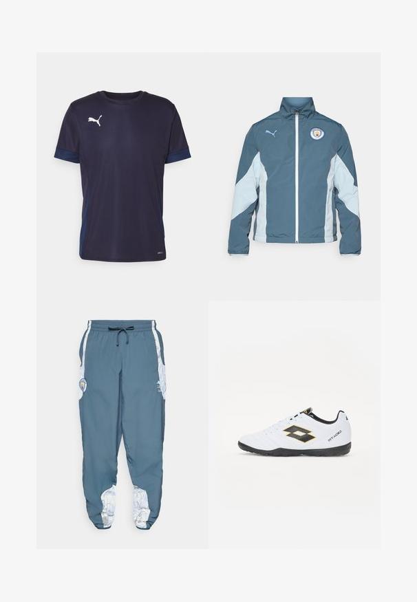 Chaqueta cortavientos en azul oscuro y azul claro, con cierre de cremallera en la parte delantera, cuello alto y el logo del Manchester City en el pecho.; Camiseta deportiva Puma en azul oscuro con paneles de acento azul claro. Presenta mangas cortas, cuello redondo y un logo blanco en el pecho.; Pantalones deportivos de tela azul con cintura elástica y cordón. Los laterales presentan un patrón blanco. Incluye un parche con el logo de la marca.; Zapatillas deportivas blancas con acentos en negro y amarillo, que cuentan con un upper texturizado, punta redonda y suela de goma negra. El diseño incluye un detalle de logo en el lateral.