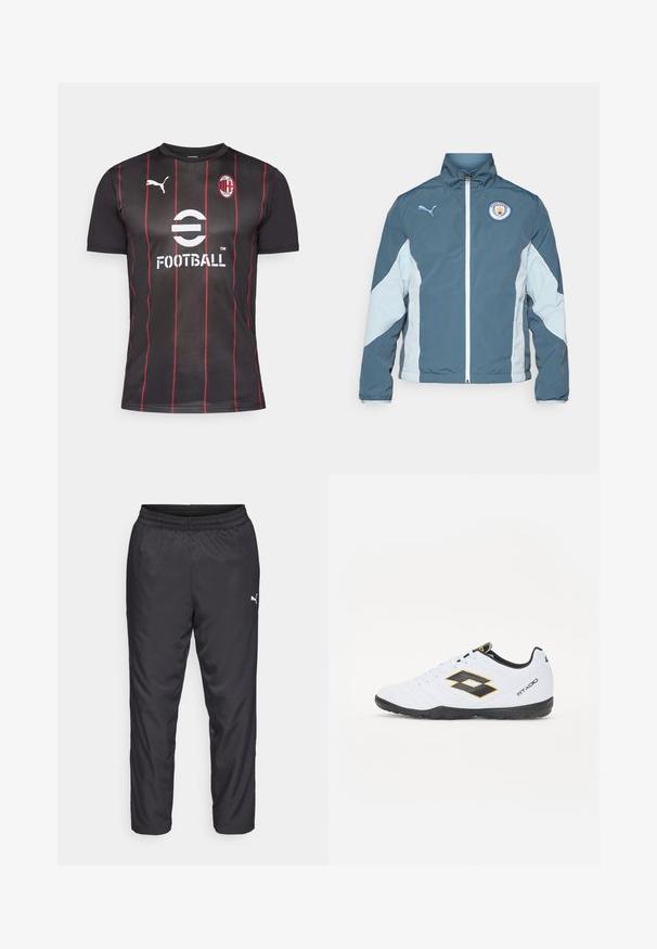 Tume smaragdrohe ja helesinise tuulejope, millel on tõmblukk, kõrge krae ja Manchester City logo rinnal.; Mustmust värvi jalgpallisärk punaste vertikaalsete triipude ja Puma logoga. Esiküljel AC Milani embleem ja valge tekst "FOOTBALL". Lühikeste varrukatega disain.; Mustad mustranahad, mis on valmistatud sileda ja kergest materjalist. Omab elastset vöökohta ja väikest valget logo vasakul küljel.; Valged spordijalatsid mustade ja kollaste aktsentidega, millel on tekstuuriga pealisosa, ümmargune nina ja must kummist tallad. Disain sisaldab logo detaile külgedel.
