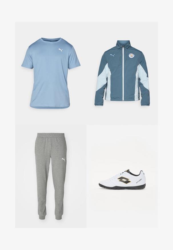 Windbreaker jacket in dark teal and light blue, featuring a zip front, high collar, and Manchester City logo on the chest.; Light blue short-sleeve sports shirt made of breathable fabric, featuring a crew neck and a white Puma logo on the upper left chest.; Gray sweatpants made of soft fabric, featuring an elastic waistband, tapered legs, and a white logo on the left thigh.; White sports shoes with black and yellow accents, featuring a textured upper, round toe, and a black rubber sole. The design includes a logo detail on the side.