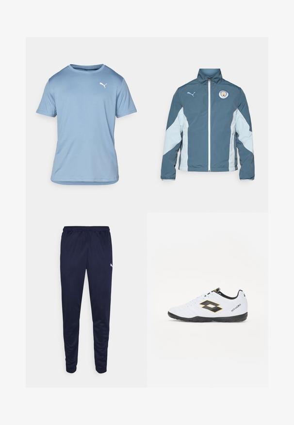 Tuulitakki tummansinisessä ja vaaleansinisessä, jossa on vetoketjukiinnitys, korkea kaulus ja Manchester Cityn logo rinnassa.; Vaaleansininen lyhytnhihainen urheilupaita, joka on valmistettu hengittävästä materiaalista. Paidassa on pyöreä kaula-aukko ja valkoinen Puma-logo vasemmassa ylärinnassa.; Meripäivän urheiluhousut, jotka on valmistettu kevyestä materiaalista, ja niissä on joustava vyötärö ja kapenevat lahkeet. Pieni valkoinen logo yksityiskohtana sivussa.; Valkoiset urheilukengät mustilla ja keltaisilla yksityiskohdilla, joissa on teksturoitu päällinen, pyöreä kärki ja musta kumipohja. Suunnittelussa on logotieto sivulla.