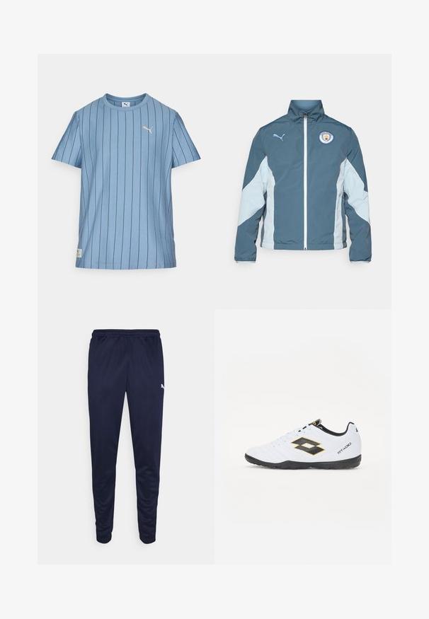 Bunda na vetry v tmavom teal a svetlom modrom, s predným zipsom, vysokým golierom a logom Manchester City na hrudi.; Svetlomodré tričko s kratkým rukávom, vertikálnymi čiernymi pruhmi, okrúhlym výstrihom a malým zlatým logom na hornej ľavej strane hrudníka. Mäkka tkanina.; Námorné športové nohavice vyrobené z ľahkého materiálu, s elastickým pásom a zúženými nohami. Malý biely logotyp na boku.; Biele športové topánky s čiernymi a žltými akcentmi, s textúrovaným zvrškom, okrúhlou špičkou a čiernou gumovou podrážkou. Dizajn obsahuje logo detail na boku.