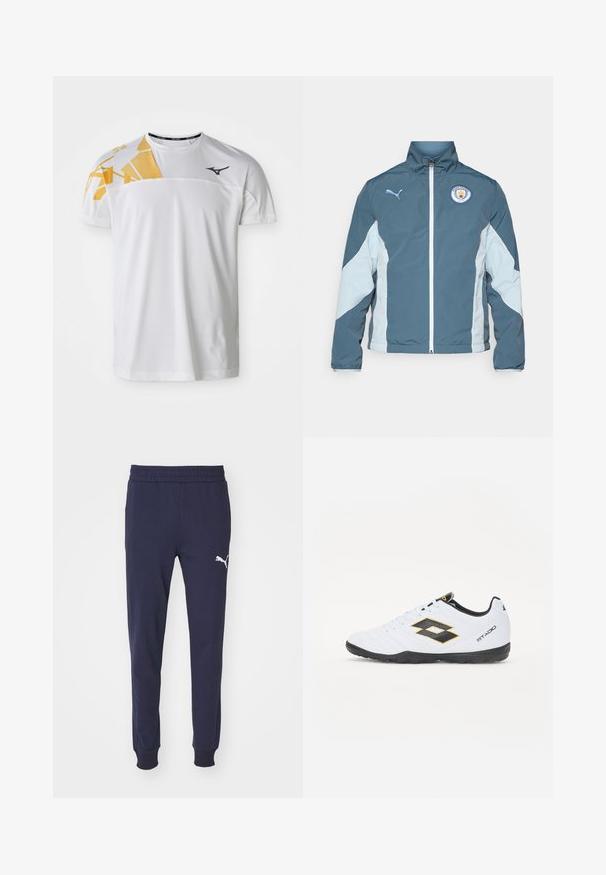 Kurtka typu windbreaker w ciemnym odcieniu teal i jasnym niebieskim, posiadająca zamek z przodu, wysoki kołnierz oraz logo Manchester City na piersi.; Biała koszulka sportowa z geometrycznym żółtym wzorem na jednym ramieniu, gładka tekstura, okrągły dekolt i logo w ciemnoszarym kolorze.; Granatowe dresy z elastycznym pasem, zwężanymi nogawkami i białym akcentem logo Puma na lewej udzie. Gładka, miękka tekstura materiału.; Białe buty sportowe z czarnymi i żółtymi akcentami, z teksturowaną cholewką, okrągłym czubkiem i czarną gumową podeszwą. Projekt zawiera szczegół z logo po bokach.