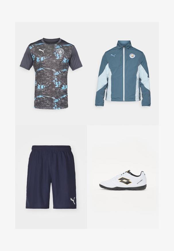 Vēja pārtraucējs jaka tumši zaļā un gaiši zilā krāsā, ar priekšējo rāvējslēdzēju, augstu apkakli un Mančestras City logo uz krūtīm.; Īsām piedurkņu krekls pelēkā krāsā ar melniem un ziliem abstraktiem rakstiem, uz krūtīm ir Puma logo un Mančestri Siti emblēma.; Jūras spēku sporta šorti, kas izgatavoti no viegla auduma, ar elastīgu jostu un atstarojošu logotipu apakšējā kreisajā pusē.; Baltas sporta apavus ar melniem un dzelteniem akcentiem, ar teksturētu virsmu, apaļu purngalu un melnu gumijas zoli. Dizainā ir iekļauts logo elements sānos.