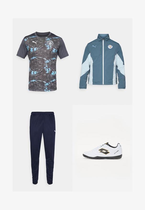 Tamsiai mėlynas ir šviesiai mėlynas vėjavėju, turintis užtrauktuką priekyje, aukštą apykaklę ir Mančesterio miesto logotipą ant krūtinės.; Pilko trumpomis rankovėmis, pilkos spalvos su juodais ir mėlynais abstrakčiais raštais, su Puma logotipu ir Mančesterio miesto emblema ant krūtinės.; Jūriniai sportiniai šortai, pagaminti iš lengvos medžiagos, su elastinga juosmens juosta ir siaurėjantiomis kojomis. Šone yra mažas baltas logotipo elementas.; Baltos sportinės bateliai su juodais ir geltonais akcentais, turintys tekstūruotą viršutinę dalį, apvalią nosį ir juodą guminius padus. Dizainas apima logotipo detalę šone.