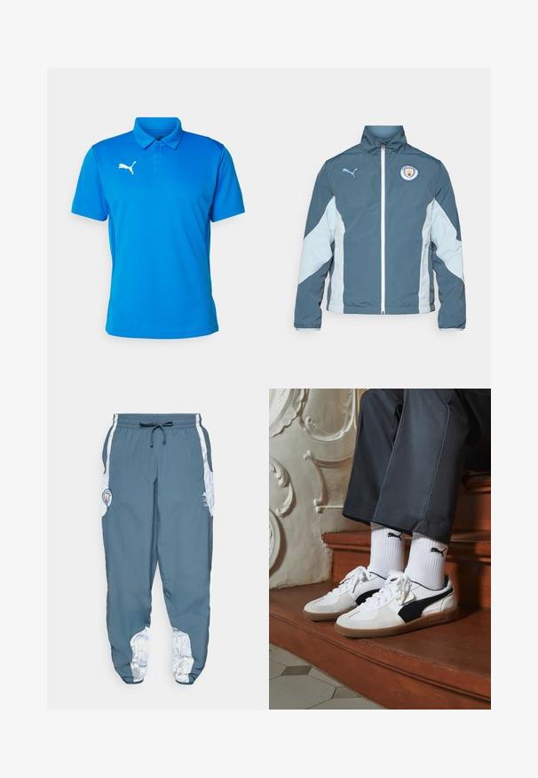 Vindjakke i mørk teal og lys blå, med glidelås foran, høy krage og Manchester City-logo på brystet.; Blå polo skjorte laget av glatt stoff. Har krage, korte ermer, og en hvit logo av en hoppende katt på venstre bryst.; Trackbukser i blå stof med elastisk talje og snøre. Sideaccenter har et hvidt mønster. Inkluderer et mærke-logo patch.; Puma-sneakers i hvitt og svart semsket skinn, med en brun gummisåle. Kombinert med hvite sokker med en svart logo, båret med mørke bukser.
