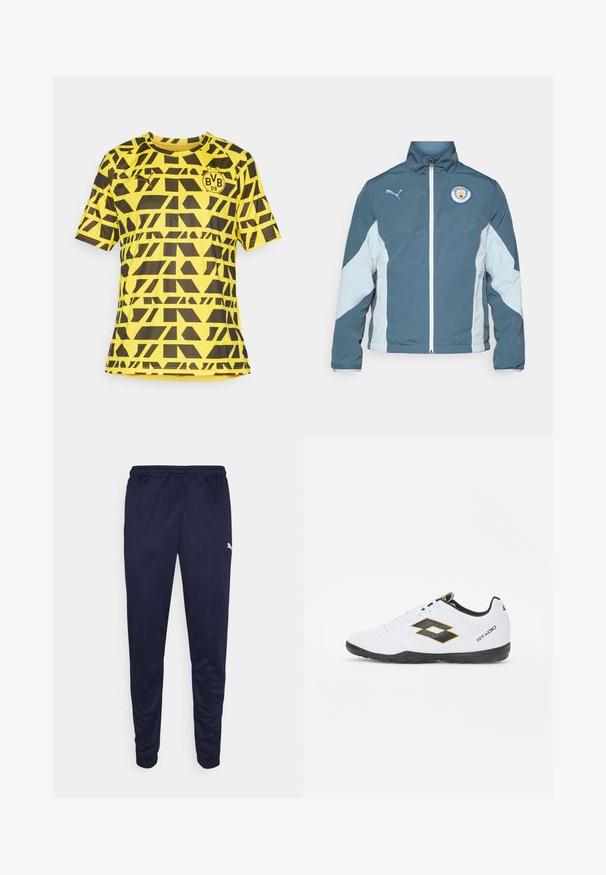 Bunda na vetry v tmavom teal a svetlom modrom, s predným zipsom, vysokým golierom a logom Manchester City na hrudi.; Žltý tričko s krátkym rukávom s geometrickým čiernym vzorom, s okrúhlym výstrihom a logom na ľavej hrudi, vyrobené z ľahkého materiálu.; Námorné športové nohavice vyrobené z ľahkého materiálu, s elastickým pásom a zúženými nohami. Malý biely logotyp na boku.; Biele športové topánky s čiernymi a žltými akcentmi, s textúrovaným zvrškom, okrúhlou špičkou a čiernou gumovou podrážkou. Dizajn obsahuje logo detail na boku.