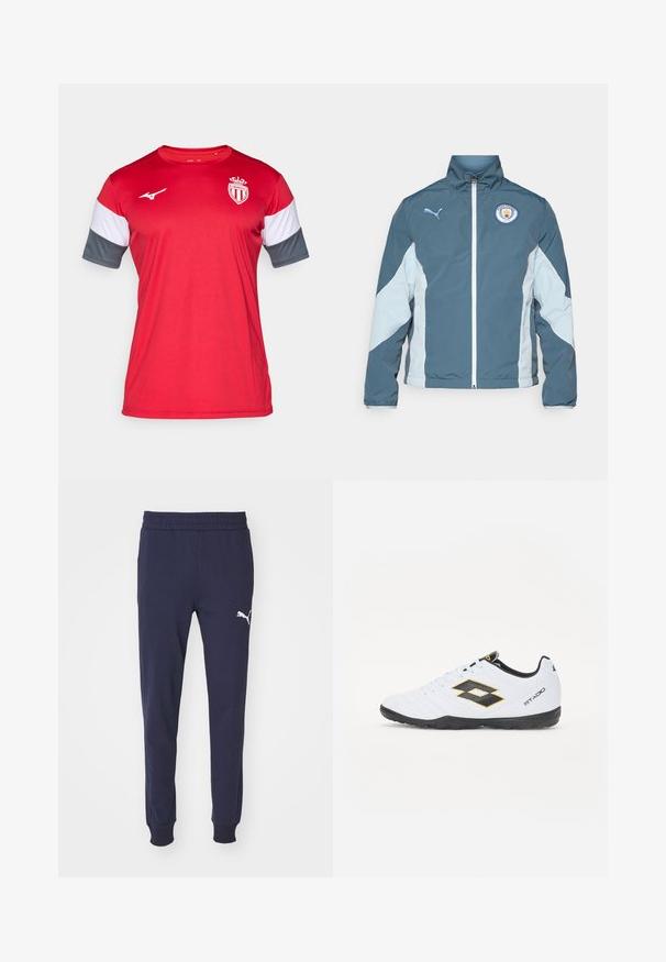 Sötét teal és világoskék szélálló dzseki, amely zipzárral, magas gallérral és a Manchester City logójával rendelkezik a mellkason.; Piros sportmez, rövid ujjakkal, szürke és fehér részletekkel. Könnyű anyagból készült, mellkason logóval és kerek nyakkivágással.; Tengerészkék melegítőnadrág, rugalmas derékkal, szűkített lábszárral és fehér Puma logóval a bal combon. Simaság és puhaság jellemzi az anyag textúráját.; Fehér sportcipő fekete és sárga kiegészítőkkel, textúrázott felsőrésszel, kerek orral és fekete gumitalppal. A dizájn tartalmaz egy logó részletet az oldalon.