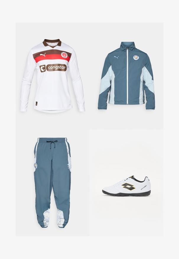 Bunda s větrovkou v tmavě modré a světle modré barvě, vybavená zipovým uzávěrem, vysokým límcem a logem Manchester City na hrudi.; Bílý fotbalový dres s dlouhými rukávy a hnědým límcem, se červenými a hnědými horizontálními pruhy, logem Puma a logem sponzora "congstar".; Modré teplákové kalhoty z látky s elastickým pasem a šňůrkou na stažení. Boční detaily mají bílý vzor. Obsahují nášivku s logem značky.; Bílé sportovní boty s černými a žlutými akcenty, s texturovaným svrškem, kulatou špičkou a černou gumovou podrážkou. Design zahrnuje detail loga na boku.