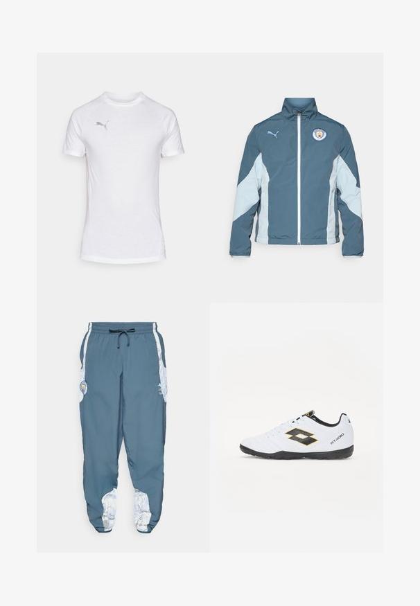 Windbreaker jacket in dark teal and light blue, featuring a zip front, high collar, and Manchester City logo on the chest.; White short-sleeve athletic shirt with a round neck, featuring a textured fabric and a subtle gray logo on the upper left chest.; Track pants in blue fabric with elastic waistband and drawstring. Side accents feature a white pattern. Includes a brand logo patch.; White sports shoes with black and yellow accents, featuring a textured upper, round toe, and a black rubber sole. The design includes a logo detail on the side.