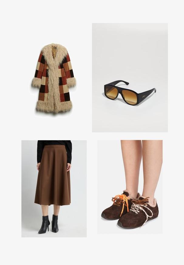 Długi płaszcz z sztucznym futrem przy kołnierzu i mankietach, w kratkę w odcieniach brązu, rdzy i beżu. Miękki, teksturowany materiał zewnętrzny.; Szary krótkostrzyżony sweter wykonany z miękkiego, puszystego materiału. Posiada długie rękawy i okrągły dekolt, z gładką, lekką teksturą.; Biała koszulka z krótkim rękawem, wykonana z miękkiej bawełny, z okrągłym dekoltem i luźnym krojem z podwiniętymi detalami. Bez wzorów ani akcentów.; Brązowa spódnica do kolan z teksturowanej tkaniny, z gładkim pasem i rozszerzanym fasonem. W połączeniu z czarnymi botkami za kostkę.; Brązowe zamszowe buty wsuwane z futrzanym wykończeniem noszone na gołych stopach, z niedopasowanymi sznurówkami: jedna pomarańczowa i jedna biała w czarne paski.; Czarne prostokątne okulary przeciwsłoneczne z brązowymi gradientowymi soczewkami. Wykonane z tworzywa sztucznego, z gładką powierzchnią i subtelnym złotym logo na zausznicy.