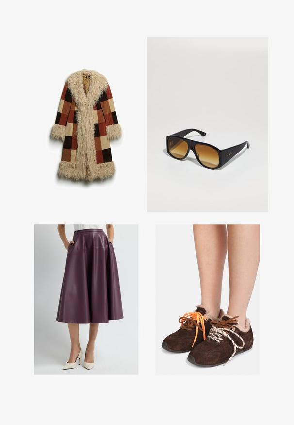 Long coat with a faux fur collar and cuffs, featuring a checkered pattern in brown, rust, and beige. Soft, textured outer material.; Gray cropped sweater made from soft, fuzzy material. Features long sleeves and a round neckline, with a smooth, lightweight texture.; White short-sleeve T-shirt made of soft cotton, featuring a round neckline and a relaxed fit with rolled hem details. No patterns or accents.; Woman wearing a knee-length dark purple leather skirt with pockets and white pointed high heels, standing against a plain background.; Brown suede slip-on shoes with fur lining worn on bare feet, featuring mismatched laces: one orange and one white with black stripes.; Black rectangular sunglasses with brown gradient lenses. Made of plastic, featuring a smooth surface and a subtle gold logo on the temple.