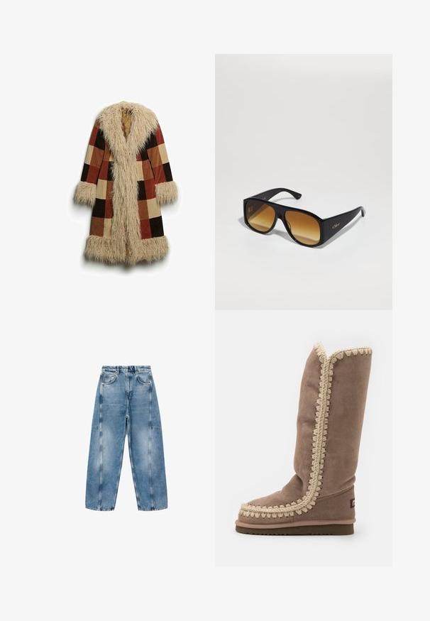 Cappotto lungo con colletto e polsini in pelliccia sintetica, caratterizzato da un motivo a quadri in marrone, ruggine e beige. Materiale esterno morbido e texturizzato.; Maglione grigio corto realizzato in materiale morbido e peluche. Presenta maniche lunghe e un collo tondo, con una texture liscia e leggera.; T-shirt bianco a maniche corte realizzato in morbido cotone, con scollatura rotonda e un fit rilassato con dettagli orlo arrotolato. Senza fantasie né accenti.; I jeans in denim azzurro chiaro presentano una vestibilità rilassata, ampie tasche e cuciture a contrasto. Il tessuto ha una finitura scolorita con una texture liscia.; Stivale alto in camoscio marrone con ricami beige intricati lungo il bordo, punta rotonda e suola piatta. Design semplice e lineare.; Occhiali da sole neri a forma rettangolare con lenti sfumate marroni. Realizzati in plastica, presentano una superficie liscia e un sottile logo dorato sulla tempia.