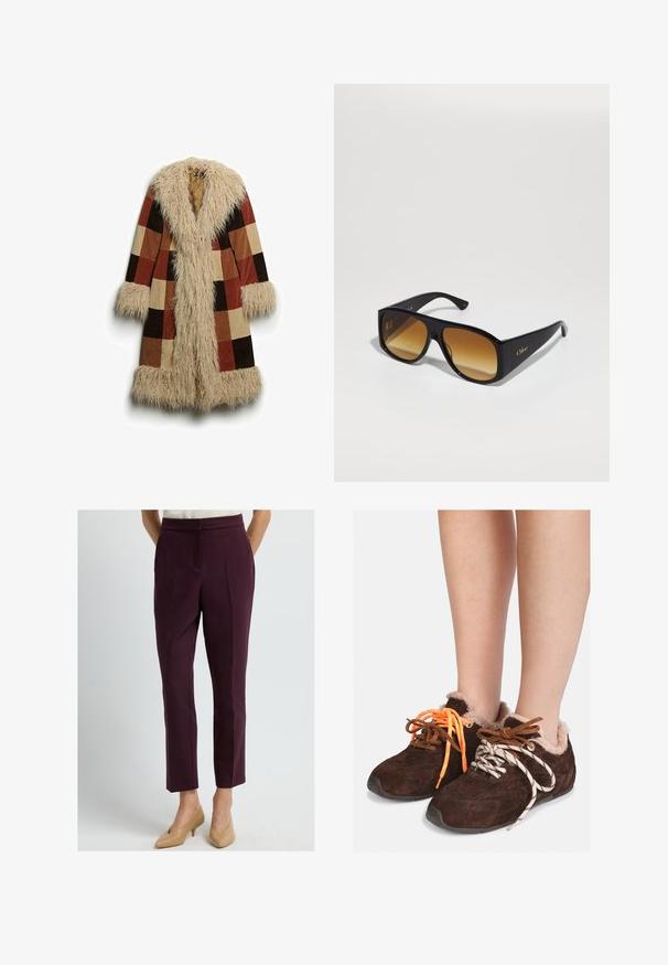 Lang frakke med krave og manchetter i kunstpels, med et ternet mønster i brun, rust og beige. Blødt, tekstureret ydermateriale.; Grå cropped sweater lavet af blødt, fuzzy materiale. Har lange ærmer og en rund halsudskæring med en glat, let tekstur.; Hvid kortærmet T-shirt lavet af blød bomuld, med rund halsudskæring og en afslappet pasform med omfoldede kantdetaljer. Ingen mønstre eller accenter.; Kvinde iført skræddersyede bordeaux ankellange bukser og beige lavhælede spidse sko, der står mod en ensfarvet baggrund.; Brune ruskinds slipsko med pelsfoder, båret uden sokker, med forskelligfarvede snørebånd: et orange og et hvidt med sorte striber.; Sorte rektangulære solbriller med brune gradientlinser. Lavet af plast, med en glat overflade og et diskret guld logo på stangen.