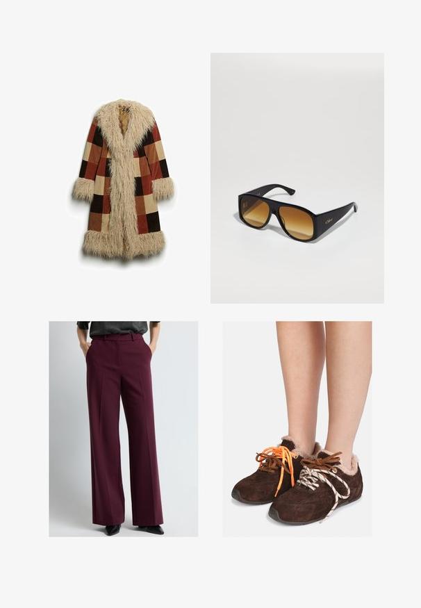 Manteau long avec un col et des poignets en fausse fourrure, présentant un motif à carreaux marron, rouille et beige. Matériau extérieur doux et texturé.; Sweater court gris en matériau doux et duveteux. Comprend des manches longues et un col rond, avec une texture lisse et légère.; T-shirt blanc à manches courtes en coton doux, avec un col rond et une coupe décontractée agrémentée de détails à ourlet roulé. Pas de motifs ni d'accents.; Pantalons à jambes larges en tissu bordeaux, avec des plis avant et des poches latérales, associés à des chaussures noires à bouts pointus pour un look soigné.; Des chaussures slip-on en daim marron avec doublure en fourrure portées pieds nus, avec des lacets dépareillés : un orange et un blanc avec des rayures noires.; Lunettes de soleil rectangulaires noires avec des verres bruns dégradés. Fabriquées en plastique, elles présentent une surface lisse et un logo doré discret sur la branche.