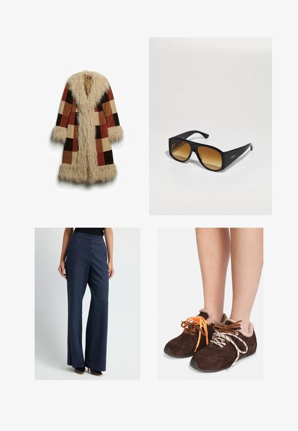 Lang jack met een nep-bont kraag en manchetten, met een geruiten patroon in bruin, roest en beige. Zacht, gestructureerd buitenmateriaal.; Grijze cropped trui gemaakt van zacht, fuzzy materiaal. Heeft lange mouwen en een ronde halslijn, met een gladde, lichte textuur.; Witte T-shirt met korte mouwen, gemaakt van zachte katoen, met een ronde halslijn en een ontspannen pasvorm met omgerolde zoomdetails. Geen patronen of accenten.; Vrouw in marineblauwe pinstripe wijde broek en zwarte puntige hoge hakken, staand tegen een effen achtergrond.; Bruine leren instapschoenen met een voering van bont, gedragen op blote voeten, met mismatched veters: de ene is oranje en de andere is wit met zwarte strepen.; Zwarte rechthoekige zonnebril met bruine verlooplenzen. Gemaakt van plastic, met een glad oppervlak en een subtiele gouden logo op de poot.