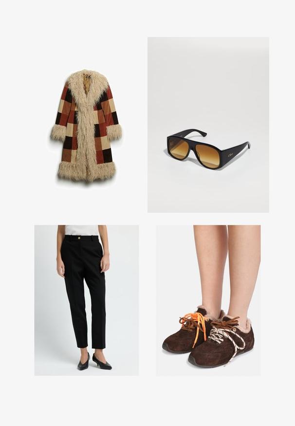 Lang jack met een nep-bont kraag en manchetten, met een geruiten patroon in bruin, roest en beige. Zacht, gestructureerd buitenmateriaal.; Grijze cropped trui gemaakt van zacht, fuzzy materiaal. Heeft lange mouwen en een ronde halslijn, met een gladde, lichte textuur.; Witte T-shirt met korte mouwen, gemaakt van zachte katoen, met een ronde halslijn en een ontspannen pasvorm met omgerolde zoomdetails. Geen patronen of accenten.; Zwarte maatwerk broek met een slim fit, voorzien van een gouden knoopsluiting, riemlussen en een zachte textuur. Draagt met zwarte puntige hakken.; Bruine leren instapschoenen met een voering van bont, gedragen op blote voeten, met mismatched veters: de ene is oranje en de andere is wit met zwarte strepen.; Zwarte rechthoekige zonnebril met bruine verlooplenzen. Gemaakt van plastic, met een glad oppervlak en een subtiele gouden logo op de poot.