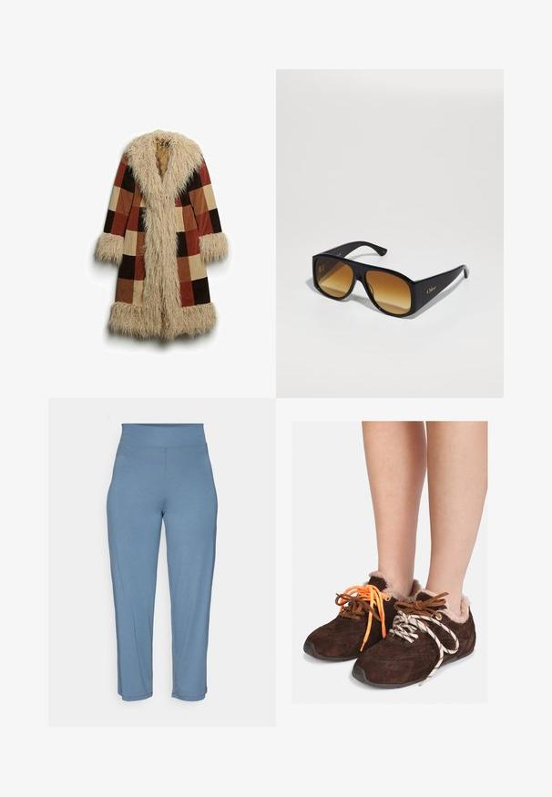 Lang frakke med krave og manchetter i kunstpels, med et ternet mønster i brun, rust og beige. Blødt, tekstureret ydermateriale.; Grå cropped sweater lavet af blødt, fuzzy materiale. Har lange ærmer og en rund halsudskæring med en glat, let tekstur.; Hvid kortærmet T-shirt lavet af blød bomuld, med rund halsudskæring og en afslappet pasform med omfoldede kantdetaljer. Ingen mønstre eller accenter.; Lyseblå, tætsiddende leggings med høj talje, glat tekstur og lige ben-design. Ingen synlige mønstre eller hardware.; Brune ruskinds slipsko med pelsfoder, båret uden sokker, med forskelligfarvede snørebånd: et orange og et hvidt med sorte striber.; Sorte rektangulære solbriller med brune gradientlinser. Lavet af plast, med en glat overflade og et diskret guld logo på stangen.