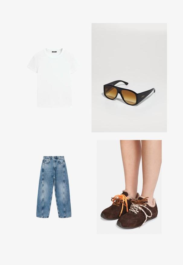 Lang frakke med krave og manchetter i kunstpels, med et ternet mønster i brun, rust og beige. Blødt, tekstureret ydermateriale.; Grå cropped sweater lavet af blødt, fuzzy materiale. Har lange ærmer og en rund halsudskæring med en glat, let tekstur.; Hvid kortærmet T-shirt lavet af blød bomuld, med rund halsudskæring og en afslappet pasform med omfoldede kantdetaljer. Ingen mønstre eller accenter.; Lysblå denim jeans har en afslappet pasform, store lommer og kontrasterende syninger. Stoffet har en falmet finish med en glat overflade.; Brune ruskinds slipsko med pelsfoder, båret uden sokker, med forskelligfarvede snørebånd: et orange og et hvidt med sorte striber.; Sorte rektangulære solbriller med brune gradientlinser. Lavet af plast, med en glat overflade og et diskret guld logo på stangen.