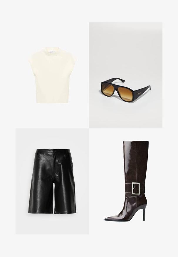 Langer Mantel mit einem Kragen und Bündchen aus Kunstfell, ausgestattet mit einem gestreiften Muster in Braun, Rost und Beige. Weiches, strukturiertes Außenmaterial.; Grauer, kürzerer Pullover aus weichem, flauschigem Material. Mit langen Ärmeln und rundem Ausschnitt, sowie einer glatten, leichten Textur.; Kurzärmliges, hellcremefarbenes Oberteil mit Rundhalsausschnitt, aus weichem Material gefertigt. Verfügt über eine lässige Passform und eine glatte Textur, ideal zum Übereinandertragen.; Schwarze Ledershorts mit glatter Textur, ausgestattet mit Fronttaschen, einem Reißverschluss und einer maßgeschneiderten Passform.; Dunkelbraune knöchelhohe Lederstiefel mit spitzer Spitze, Stiletto-Absatz und breitem Riemen mit großer rechteckiger silberner Schnalle.; Schwarze rechteckige Sonnenbrille mit braunen Verlaufslinsen. Hergestellt aus Plastik, mit einer glatten Oberfläche und einem dezenten goldenen Logo am Bügel.