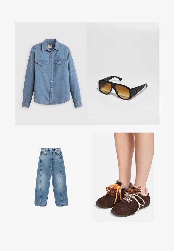 Long coat with a faux fur collar and cuffs, featuring a checkered pattern in brown, rust, and beige. Soft, textured outer material.; Light blue denim shirt with long sleeves, button front, two chest pockets, and a classic collar. Smooth texture and relaxed fit.; White short-sleeve T-shirt made of soft cotton, featuring a round neckline and a relaxed fit with rolled hem details. No patterns or accents.; Light blue denim jeans feature a relaxed fit, large pockets, and contrasting stitching. The fabric has a faded finish with a smooth texture.; Brown suede slip-on shoes with fur lining worn on bare feet, featuring mismatched laces: one orange and one white with black stripes.; Black rectangular sunglasses with brown gradient lenses. Made of plastic, featuring a smooth surface and a subtle gold logo on the temple.