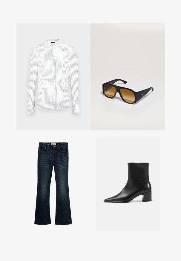 Lang jack met een nep-bont kraag en manchetten, met een geruiten patroon in bruin, roest en beige. Zacht, gestructureerd buitenmateriaal.; Witte lange mouw knop-up overhemd met dunne verticale zwarte strepen en een puntige kraag.; Uitgebreide donkerblauwe spijkerbroek met vervaagde accenten, vijf zakken en een ruwe zoom. Gemaakt van katoen met een knoopsluiting en riemlussen.; Zwarte leren enkellaars met een spitse neus, een soepele textuur en een middenblokhak. Minimalistisch ontwerp, ritssluiting aan de achterkant.; Zwarte rechthoekige zonnebril met bruine verlooplenzen. Gemaakt van plastic, met een glad oppervlak en een subtiele gouden logo op de poot.