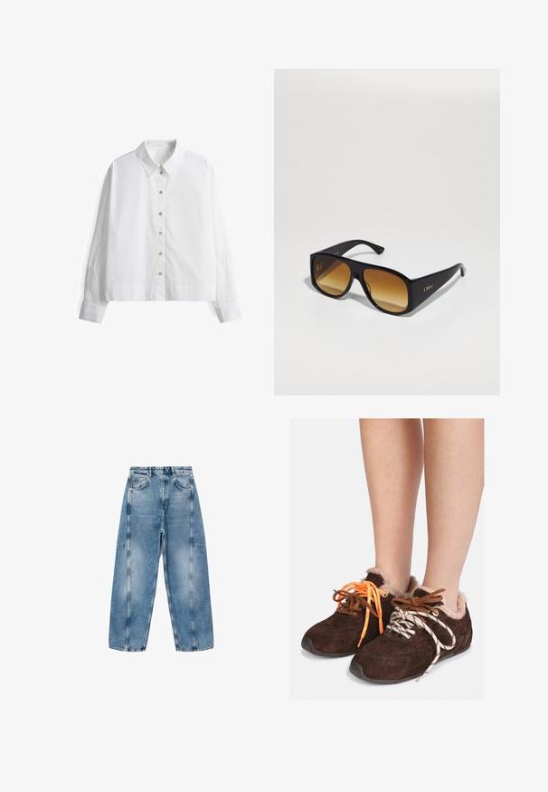 Langer Mantel mit einem Kragen und Bündchen aus Kunstfell, ausgestattet mit einem gestreiften Muster in Braun, Rost und Beige. Weiches, strukturiertes Außenmaterial.; Weißes Hemd mit langen Ärmeln, verziert mit einer gestickten Design auf den Ärmeln und einem klassischen Kragen. Hergestellt aus leichtem Stoff.; Weißes Kurzarm-T-Shirt aus weicher Baumwolle, mit Rundhalsausschnitt und entspannter Passform sowie gerollten Säumen. Keine Muster oder Verzierungen.; Hellblaue Denim-Jeans haben eine lockere Passform, große Taschen und kontrastierende Nähte. Der Stoff hat eine ausgeblichene Optik mit einer glatten Textur.; Braune Wildleder-Slipper mit Fellfutter, die barfuß getragen werden, mit unpassenden Schnüren: eine orange und eine weiße mit schwarzen Streifen.; Schwarze rechteckige Sonnenbrille mit braunen Verlaufslinsen. Hergestellt aus Plastik, mit einer glatten Oberfläche und einem dezenten goldenen Logo am Bügel.