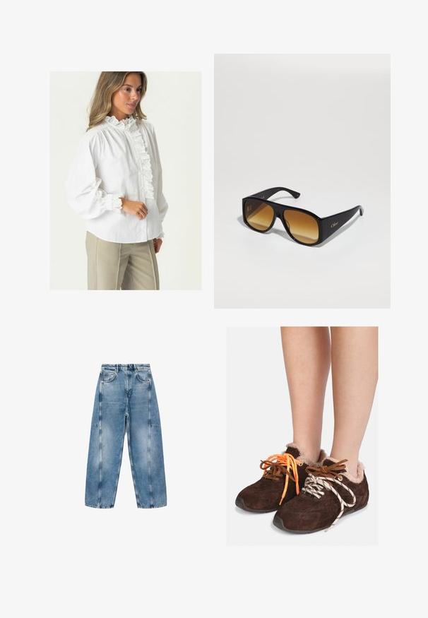 Lang frakke med krave og manchetter i kunstpels, med et ternet mønster i brun, rust og beige. Blødt, tekstureret ydermateriale.; Hvid bomuldsbluse med en høj flæsekrave, frontknaplukning og blonder trim på ærmerne. Lange ærmer og blød, glat tekstur.; Hvid kortærmet T-shirt lavet af blød bomuld, med rund halsudskæring og en afslappet pasform med omfoldede kantdetaljer. Ingen mønstre eller accenter.; Lysblå denim jeans har en afslappet pasform, store lommer og kontrasterende syninger. Stoffet har en falmet finish med en glat overflade.; Brune ruskinds slipsko med pelsfoder, båret uden sokker, med forskelligfarvede snørebånd: et orange og et hvidt med sorte striber.; Sorte rektangulære solbriller med brune gradientlinser. Lavet af plast, med en glat overflade og et diskret guld logo på stangen.