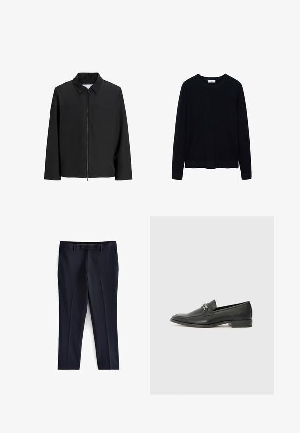 Zwarte zip-up jack met een kraag, twee borstzakken, lange mouwen en een gladdige, matte textuur. Geen extra patronen of versieringen.; Zwart geribbeld longsleeve trui met een ronde hals en subtiele textuur. Gesloten mouwen en zoom dragen bij aan het gestructureerde ontwerp.; Next SLIM FIT ESSENTIAL - Pantalon - navy; Zwarte leren instapper met een gladde afwerking, voorzien van een gestikt ontwerp en een decoratieve metalen kettingaccent over de wreef. Platte hak.