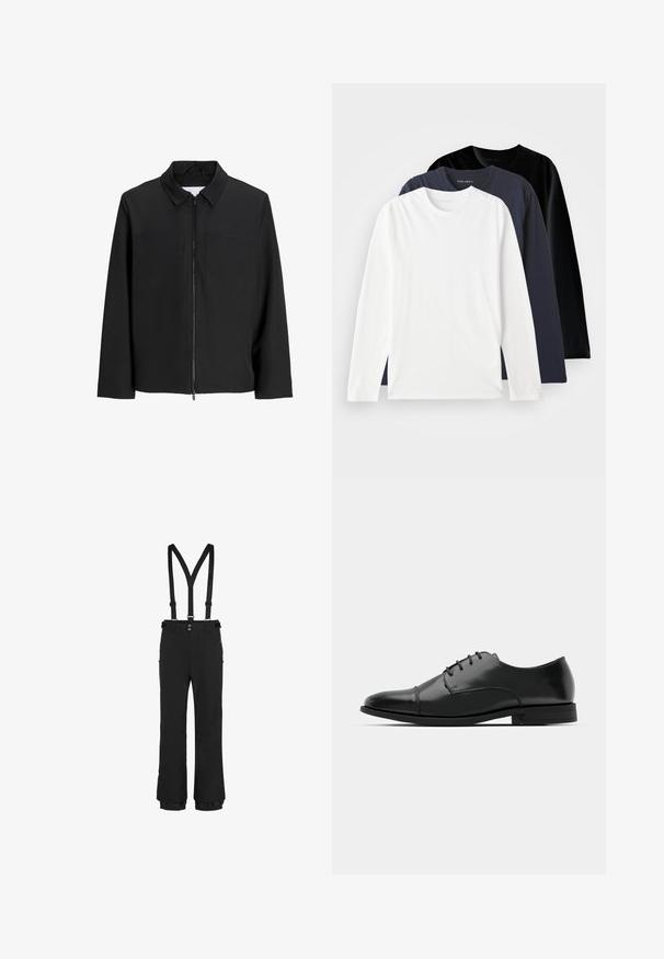 Černá zipová bunda s límcem, dvěma kapsami na hrudi, dlouhými rukávy a hladkou, matnou texturou. Žádné další vzory nebo ozdoby.; Tři trička s dlouhým rukávem naskládaná na sobě: jedno bílé, jedno tmavě námořnické a jedno černé. Vyrobena z hladké bavlny, s kulatými výstřihy a bočními štěrbiny.; Černé sněhové kalhoty s nastavitelnými kšírami, předním zipem, bočními zipovými kapsami a elastickými manžetami na spodním okraji pro bezpečné uchycení.; Černé kožené společenské boty s kulatou špičkou, šněrováním, jemnými švy a nízkým podpatkem. Hladký povrch s lesklým finišem.
