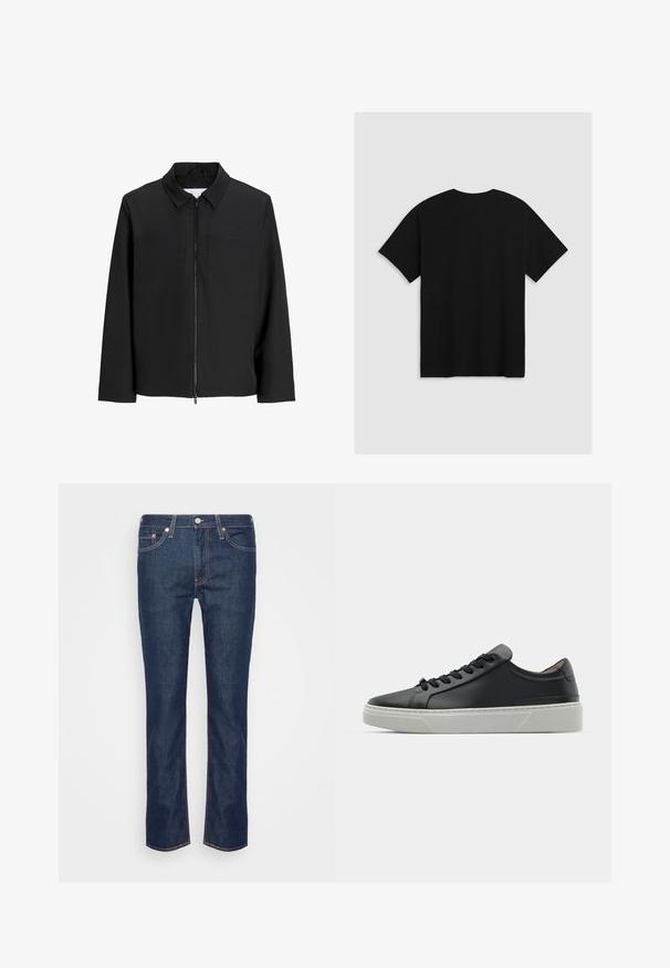 Giacca nera con zip, colletto, due tasche sul petto, maniche lunghe e una texture liscia e opaca. Senza ulteriori motivi o decorazioni.; Levi's® BOXTAB - T-shirt con stampa - boxtab in black bas; Jeans blue scuro a gamba dritta in denim con cuciture arancioni, cinque tasche, e chiusura frontale con bottone e zip.; Sneaker in pelle nera con una texture liscia, punta rotonda e lacci neri. Presenta una suola in gomma bianca spessa con sottili accenti geometrici.