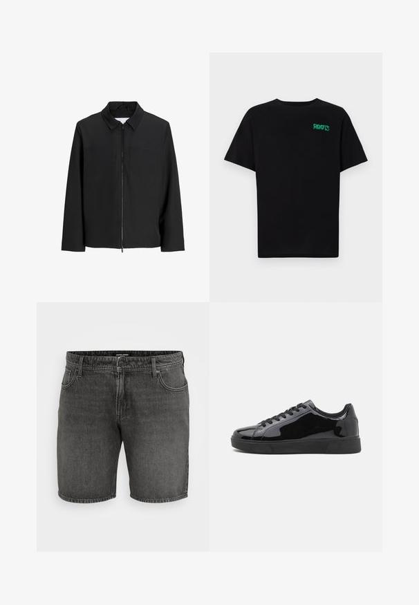 Crna jakna s patentnim zatvaračem i ovratnikom, dva džepa na prsima, duge rukave te glatku, mat teksturu. Bez dodatnih uzoraka ili ukrasa.; Crna majica kratkih rukava od pamuka. Na prednjem dijelu se nalazi zeleni "ROOTS" logo, okrugli izrez i standardni kroj.; Crni traper šorts s klasičnim dizajnom pet džepova, kopčanjem na dugme i ukrasnim šavovima. Izrađeni od izdržljive pamučne tkanine.; Crne patike od lakirane kože s okruglim prstima, ravnim gumiranim potplatima i crnim vezicama. Glatka, sjajna tekstura na gornjoj površini.