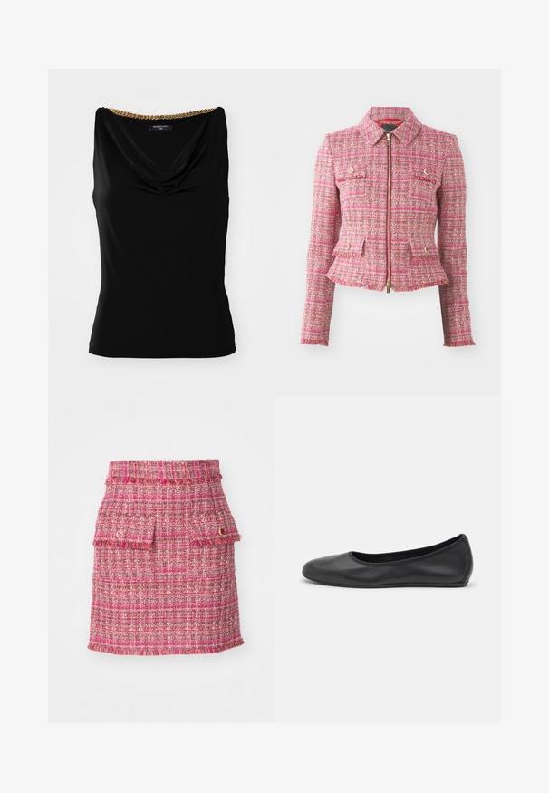 Roze tweed jasje met een getailleerd silhouet, gouden ritssluiting, vier voorzakken en een rafelige zoom. Heeft een kraaghalslijn en lange mouwen.; Zwarte mouwloze top met een gedrapeerde halslijn en een gouden kettingaccent op de schouder. Gemaakt van een zachte stof met een getailleerde snit.; Roze tweed rok met een gestructureerde weving, twee voorzakken met franjes aan de randen en een subtiele metallic accent.; Zwarte leren ballerina met een ronde neus, gladde textuur, minimale stikdetails en een flexibele zoolontwerp.