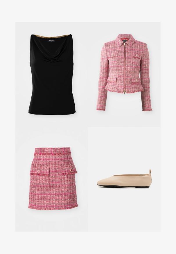 Růžový tvídový kabát s úzkým střihem, zlatým zipem, čtyřmi předními kapsami a třepeným lemem. Má límec a dlouhé rukávy.; Černý bezrukávový top s volným výstřihem a zlatým řetízkovým akcentem na rameni. Vyrobeno z hladkého materiálu s přiléhavým střihem.; Růžová tweedová sukně s texturovaným vzorem, dvěma předními kapsami s třásněmi a jemným metalickým akcentem.; Béžové kožené baleríny s nízkým profilem, kulatou špičkou a černou gumovou podrážkou, s malým zadním poutkem pro snadnější obouvání.