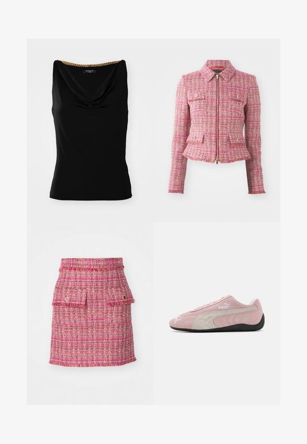 Pink tweed jacket with a fitted silhouette, gold zipper, four front pockets, and frayed hem. Features a collared neckline and long sleeves.; Black sleeveless top featuring a draped neckline and a gold chain accent at the shoulder. Made from smooth fabric with a fitted cut.; Pink tweed skirt featuring a textured weave, two front pockets with fringed edges, and a subtle metallic accent.; Pink suede sneaker with grey accents, streamlined design, textured upper, and black rubber sole. Features Puma logo on the side.