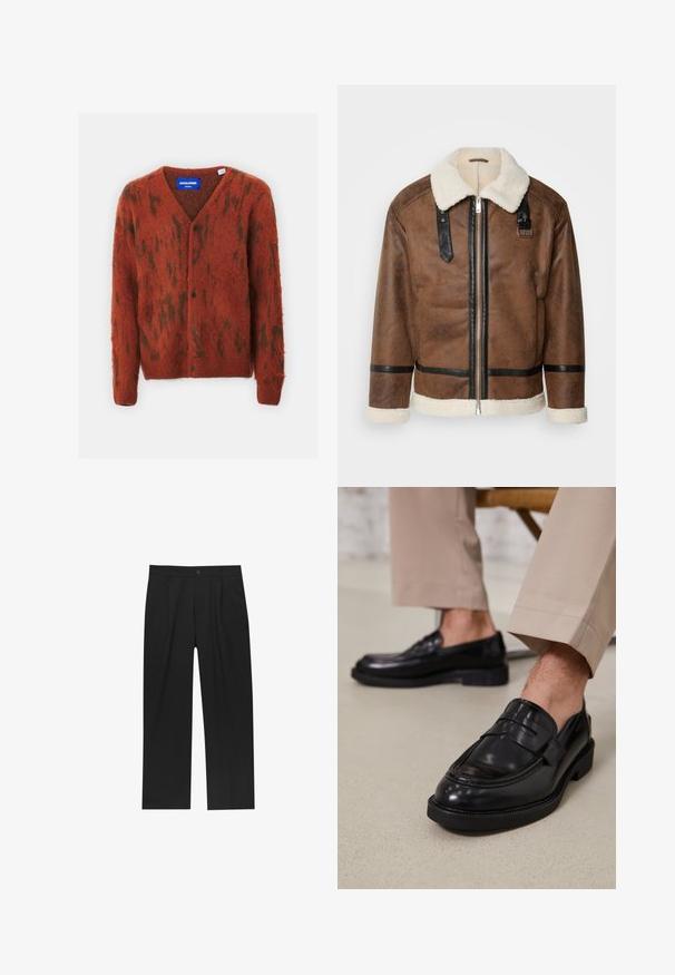 Brown leather jacket with black accents and a shearling collar. Features a front zipper and shoulder strap detail. Textured finish.; Jack & Jones JORHARRY CARDIGAN - Cardigan - brown; Black short-sleeve T-shirt made of cotton, featuring a crew neck and a small logo embroidered on the chest. Smooth texture, standard fit.; Black pants with a straight-leg design, made from a smooth fabric. Features front pleats and a single button closure at the waist.; Black leather loafers with a smooth finish, featuring a decorative strap and contrast stitching, paired with beige trousers.