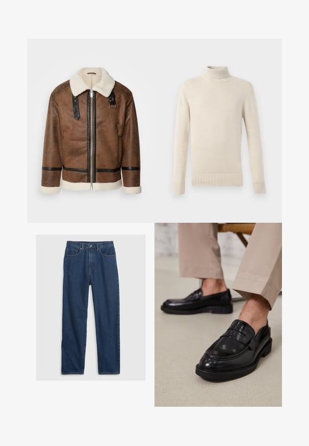 Brown leather jacket with black accents and a shearling collar. Features a front zipper and shoulder strap detail. Textured finish.; Beige turtle-neck sweater with ribbed collar and cuffs, featuring a soft, textured knit and a relaxed fit, no visible patterns or accents.; Denim jeans in dark blue with a straight cut, featuring five-pocket design, top button, and copper rivet accents.; Black leather loafers with a smooth finish, featuring a decorative strap and contrast stitching, paired with beige trousers.